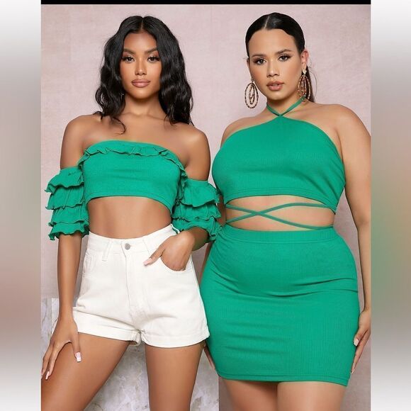2/$30 SHEIN TWO PIECE SET (HALTER TOP + MINI SKIRT)- GREEN - Picture 2 of 7